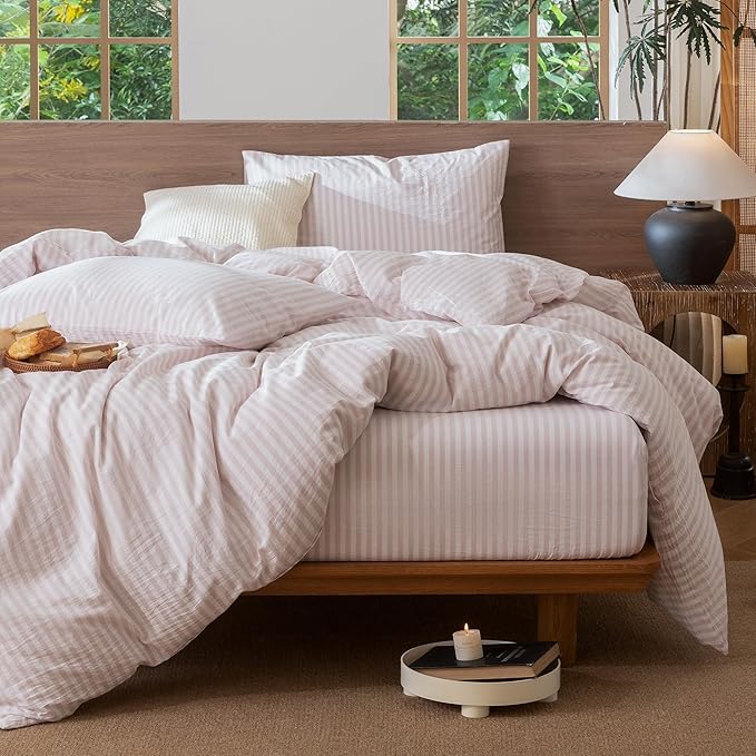 MooMee Striped Duvet Cover Set 100% Washed Cotton Linen Like Textured Breathable Durable Soft Comfy (Heathered Greyish Pink Classic Stripes, Twin 68"x90")