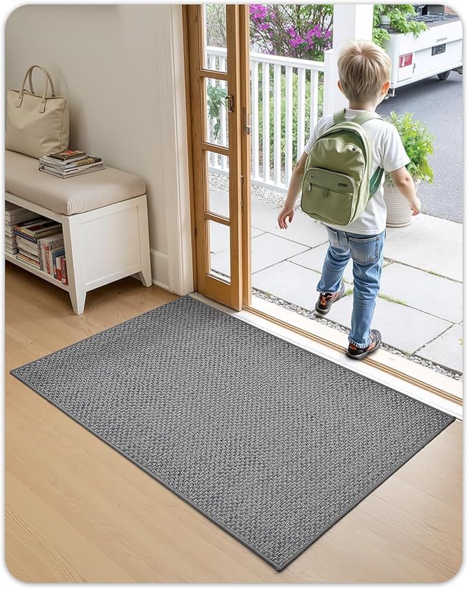 Color&Geometry Ultra-Thin Indoor Door Mat, 22.6"x31.5" Low-Profile Non-Slip Entryway Rug with Modern Geometric TextureWashable Doormat for Entrance Front Doors,Light Grey (Rolled-up NO Creases)