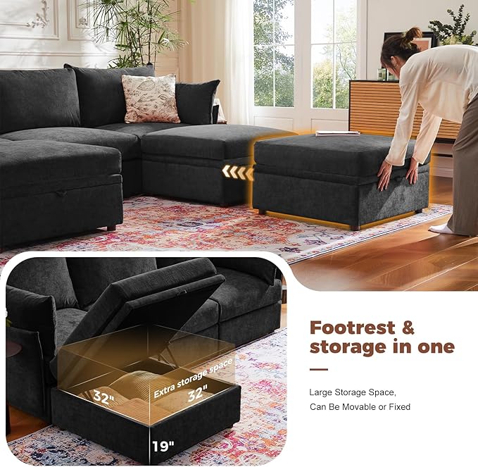 ABCASA 134.6" Luxury Modular Sectional Convertible Sofa with Storage Ottoman, L-Shape 5-Seat Oversized Comfy Couch Deep Seat with Reversible Chaise - Chenille Black
