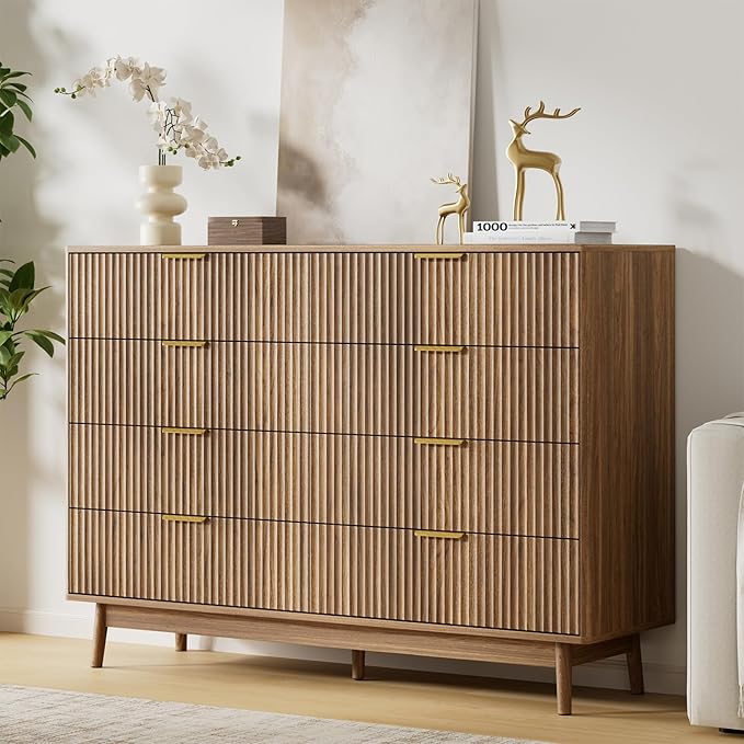 LYNSOM Fluted Dresser and Nightstand Sets 3 Piece, 8-Drawers Dresser and 1-Drawer Nightstands Set of 2, Wood Bedroom Furniture Set for Home, Bedroom, Hallway, Walnut