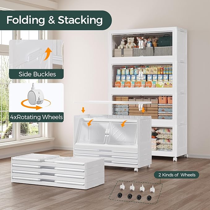 120Gal Stackable Storage Bins with Lid, 480Qt Extra Large Collapsible Storage Box with Doors and Wheels, Plastic Closet Organizer and Storage Cabinet Drawer for Home Kitchen, 4Pack White