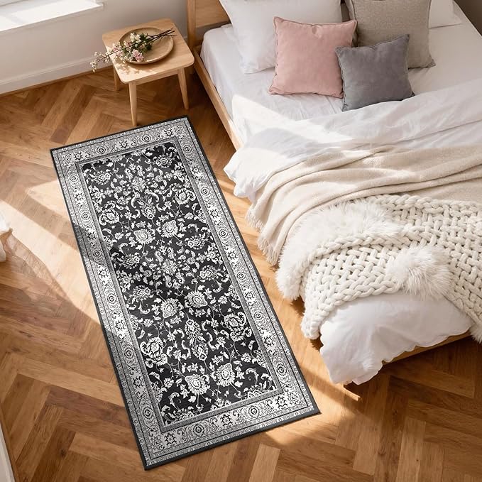 2x3 Washable Area Rug for Entryway：Soft Traditional Printed Area Rug Non-Slip Kitchen Rugs Low-Pile Medallion Indoor Door Mat Small Farmhouse Carpet for Entrance Foyer Bedside Black White 2x3