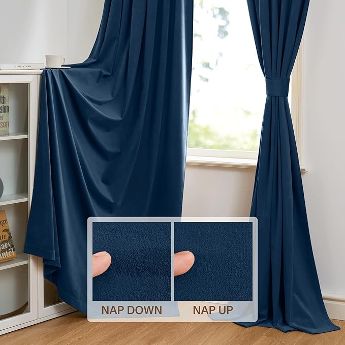 StangH Navy Blue Velvet Blackout Curtains 90 inches, Luxury Rod Pocket Window Drapes Thermal Insulated Noise Reducing Panels for Studio/Theater/Office/Bedroom, W62 x L90, 2 Panels