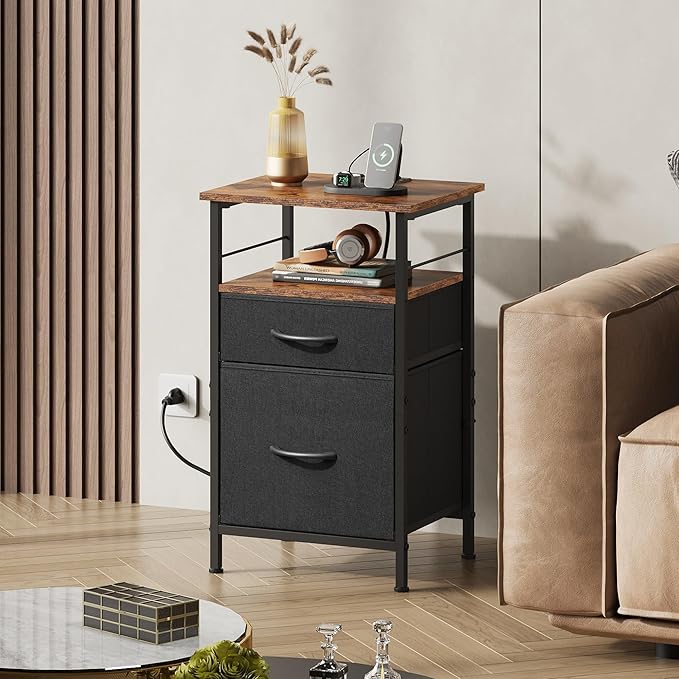 WLIVE Nightstand with Charging Station, Night Stand with 2 Fabric Drawers, Bedside Table, Small Dresser for Bedroom, Side Table with USB Ports and Outlets, Black and Rustic Brown