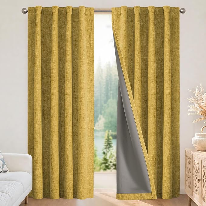 Joydeco Blackout Curtains for Bedroom - 120 Inch Long 100% Light Blocking 2 Panels Set Yellow Drapes, Thermal Insulated Room Darkening Curtains, Linen Textured for Living Room, Rod Pocket & Back Tabs