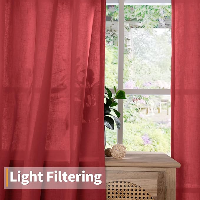 YoungsTex Red Linen Curtains 90 Inches Length for Living Room, Light Filtering Drapes Privacy with Grommet for Christmas Bedroom Dining Room, 2 Panels, 52 X 90 Inch