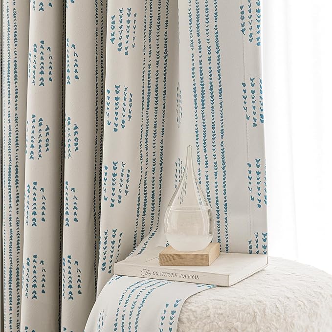 100% Boho Blackout Curtains 90 Inches Long for Bedroom, Blue on Beige Patterned Bohemian Curtains for Living Room, Geometric Striped Thermal Insulated Window Drapes Gromment Top 2 Panels