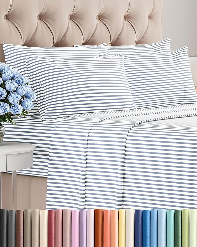Full 6 Piece Sheet Set - Cooling, Comfy & Breathable - Hotel Luxury Bedding, Includes Fitted Sheet for Women, Men, Kids & Teens - 1 Flat, 1 Fitted Sheet, 4 Pillowcases w/Deep Pockets - Blue Stripes