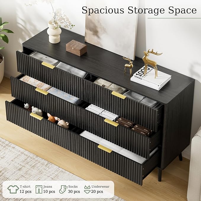 LYNSOM 55" Wide Fluted Dresser for Bedroom with 6 Drawer, Modern Chest of Drawers with Curved Profile Design and Metal Handles, Wood Dresser TV Stand & Storage Organizer for Living Room, Black