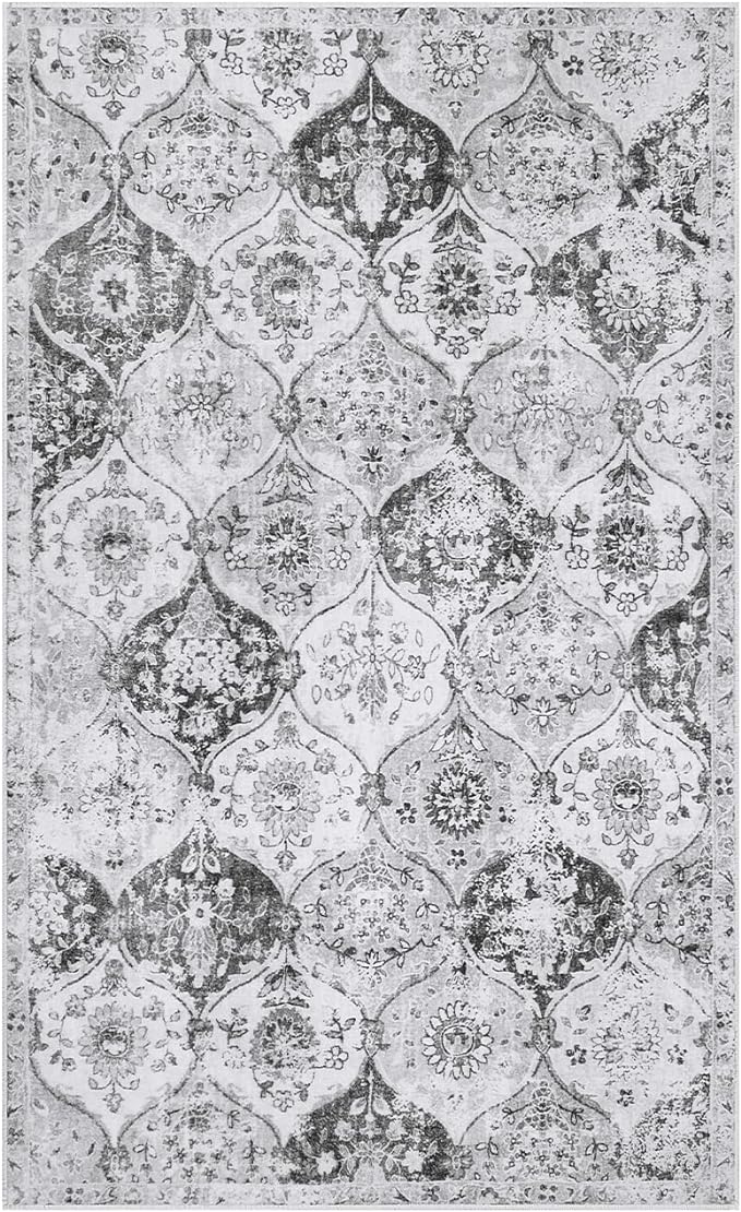 Lahome Moroccan Trellis Washable Small Area Rug, 3x5 Area Rug for Bedroom Living Room, Non-Slip Oriental Accent Throw Carpet for Kitchen Office Entryway Bathroom Office, Silver/Grey