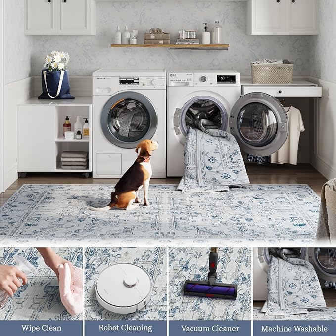 jinchan Lima Washable Area Rug 3x5 Entryway Rug - Distressed Vintage Floral Ultra-Thin Low-Pile Soft Non-Shedding Indoor Floor Carpet for Kitchen Bedroom Entrance Laundry Living Room (3x5ft, Blue)