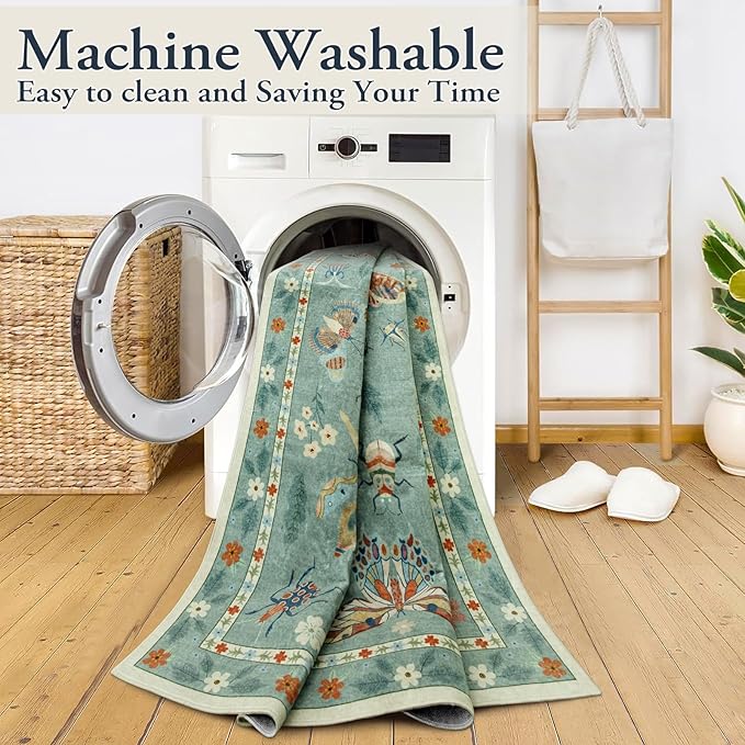 Lahome Insect Washable Rug, 2x3 Kitchen Rugs for Entryway Bathroom, Soft Door Mat Indoor Entrance Ultra-Thin, Small Non-Slip Throw Carpet for Bedroom Entry, Green