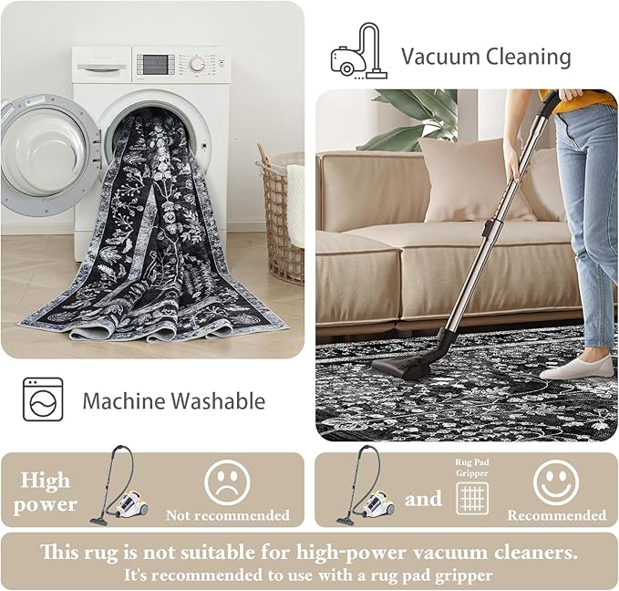 2x3 Washable Area Rug for Entryway：Soft Traditional Printed Area Rug Non-Slip Kitchen Rugs Low-Pile Medallion Indoor Door Mat Small Farmhouse Carpet for Entrance Foyer Bedside Black White 2x3