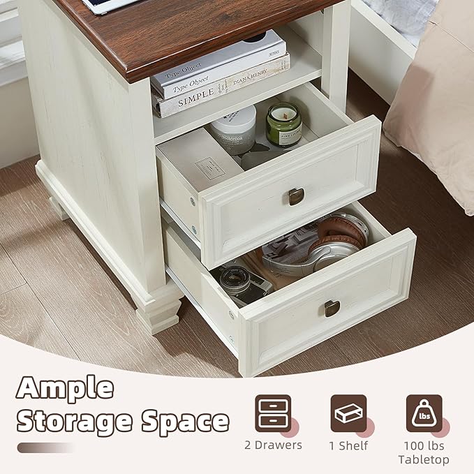 SAVOR LIFE Farmhouse Side Table with Charging Station, Antique Nightstands with Drawers, Bedside Table with Open Shelf for Bedroom, White