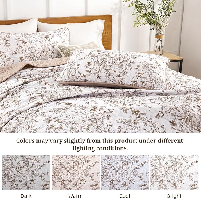 WONGS BEDDING California King Quilt Sets, Brown Quilt Bedding Set with 2 Pillowcases, Botanical Quilt for Cal King Bed, Soft Microfiber Lightweight Coverlet Bedspread for All Season (112"×96")