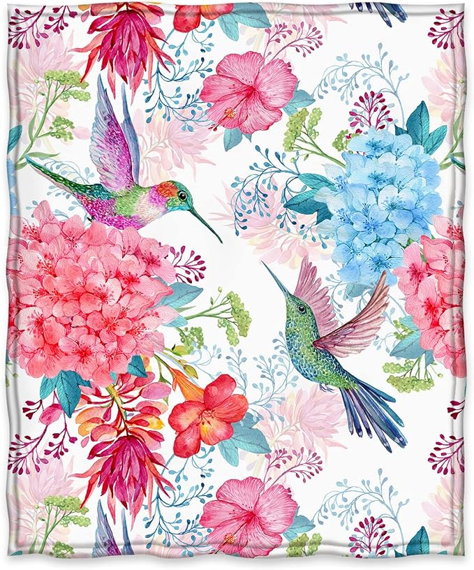 Jekeno Hummingbird Floral Blanket Bird Colorful Flowers Christian Blanket Birthday Christmas for Women Kids Girls Mom Bedroom Living Room Mother's Day Decor Plush Throw 50"x60"