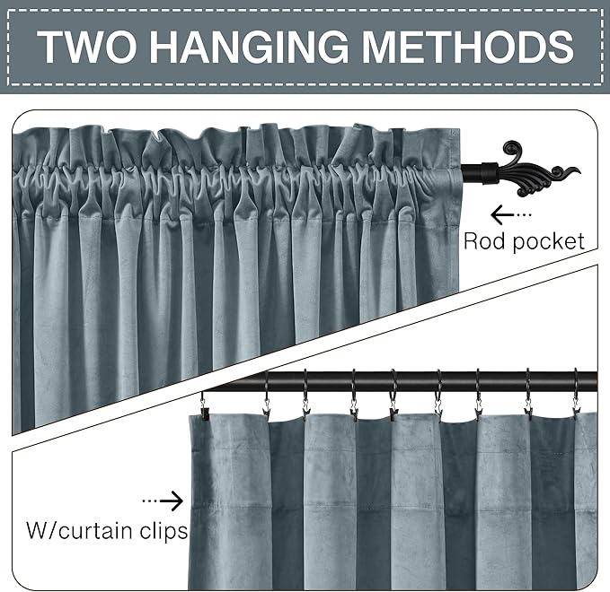StangH Stone Blue Velvet Curtains - Elegant Thermal Insulated Drapes for Bedroom, Heavy Soft Noise Reducing Curtains, Blue Boys Room Decor, W52 x L92, 2 Panels