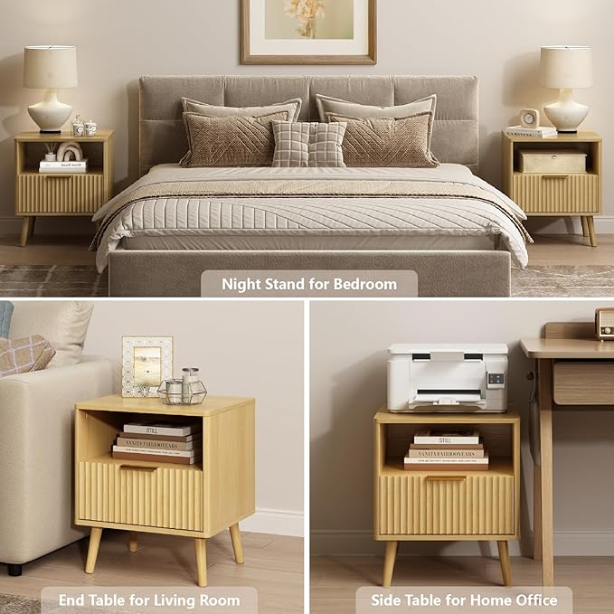 CARPETNAL Fluted Nightstand Set of 2, Oak Bedside Table with Drawer and Storage Shelf, Wood End Table Mid Century Night Stands for Bedroom Living Room