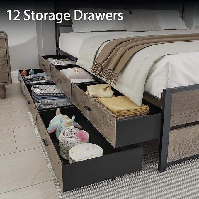 Queen Size Wooden Bed Frame with 12 Storage Drawers and Headboard, Farmhouse Platform Bed Frame with Charging Station, No Box Spring Needed, Stable and Solid, Noise Free. (Oak, Queen)