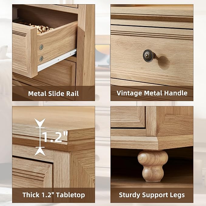 24" Wide Farmhouse Night Stand Set of 2,Large End Table with 3 Drawers & Metal Handle,Wood Dresser for Bedroom,Bed Side Table Chest of Drawers Cabinet,Natural Nightstand for Living Room,Closet