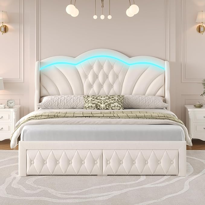 Keyluv Full Bed Frame Arc-Shaped LED Lights and 47.2" Height Wingback Bed, Button Tufted Headboard and Footboard with Storage Drawer, Velvet Upholstered Platform Bed Frame No Box Spring Needed, Beige