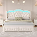 Keyluv Full Bed Frame Arc-Shaped LED Lights and 47.2" Height Wingback Bed, Button Tufted Headboard and Footboard with Storage Drawer, Velvet Upholstered Platform Bed Frame No Box Spring Needed, Beige