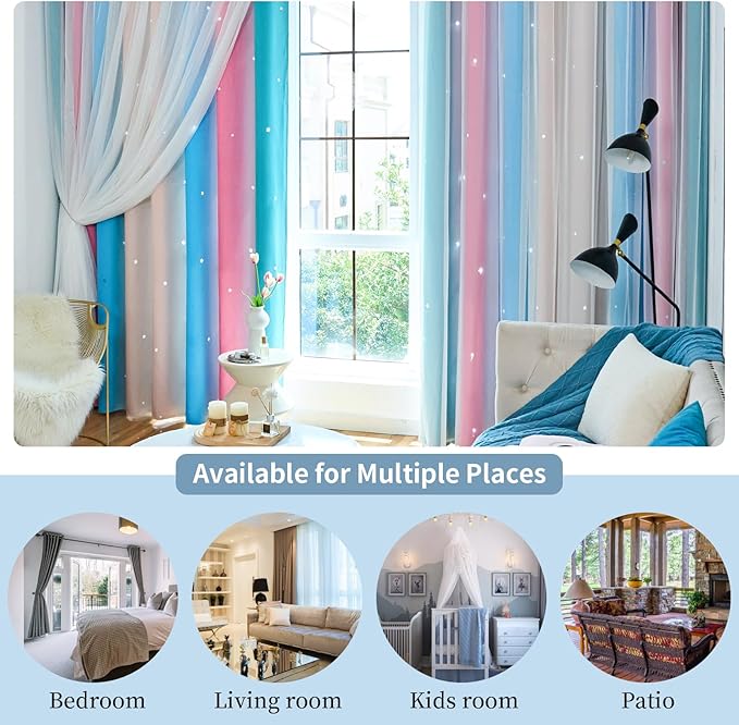 Star Curtains - Blackout & Rainbow Bedroom Curtains, 72 Inch Long, 2 Panels, Beige, Blue & Pink