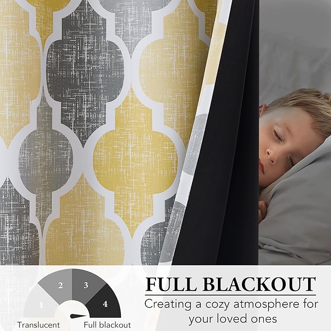 Beauoop 100% Blackout Curtains 63 Inches Long 2 Panels for Bedroom Living Room Yellow Grey Moroccan Geo Room Darkening Thermal Insulated Soundproof Grommet Top Window Treatments Drapes, 50x63 Set of 2