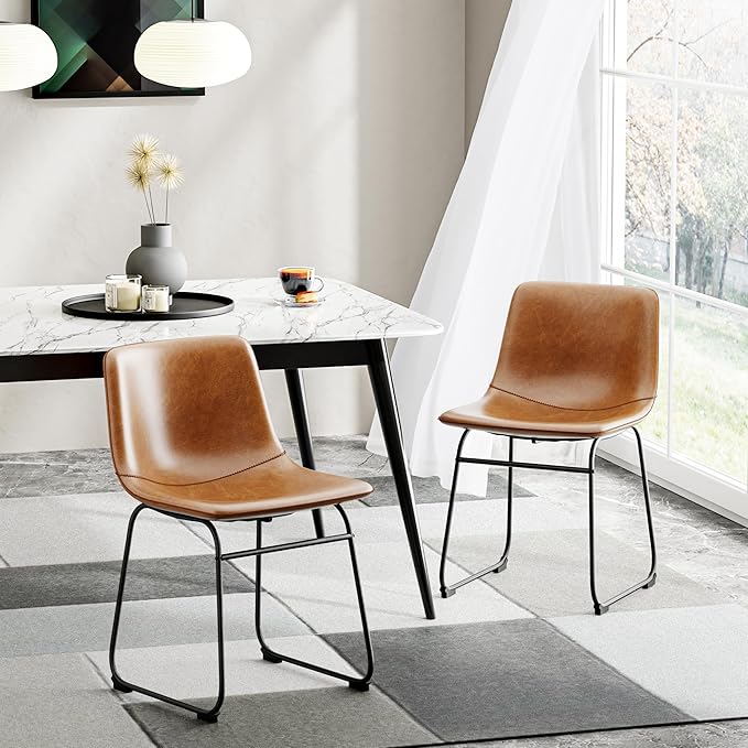 Dining Chairs Set of 8, 18 Inch Modern Armless Dining Chair with Back, Faux Leather Kitchen Dining Room Chair with Metal Legs for Home, Bistro Coffee Shops (Brown)
