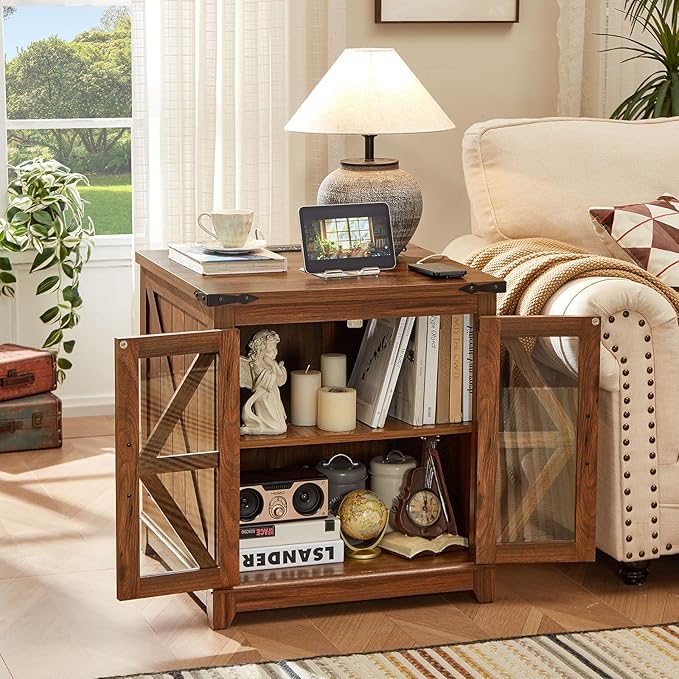 Farmhouse End Table Set 3, Narrow 18'' Night Stand with Glass Barn Door, 24" Square Side Table with Charger Station, Living Room Furniture Sets, Wood Nightstand Bedside Tables for Bedroom
