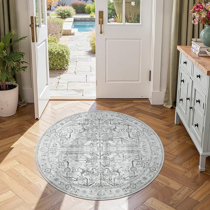jinchan Lima Round Rug 4ft Vintage Machine Washable Area Rug Indoor Circle 4' Ultra-Thin Non-Slip Floral Print Carpet for Farmhouse Entryway Dining Room Living Room Bedroom Office (4'Round, Grey)