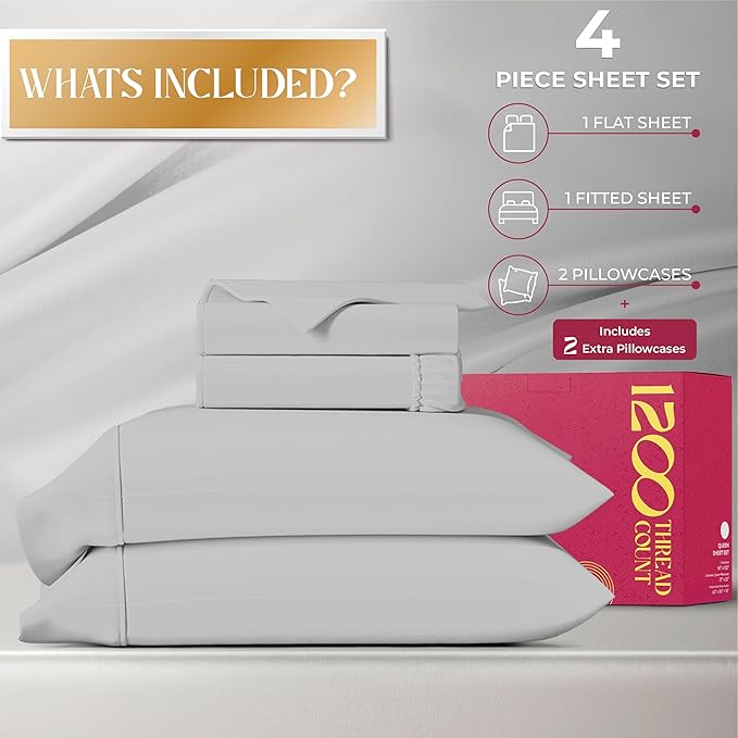 Mayfair Linen 100% Egyptian Cotton Sheets California King Size - 1200 Thread Count Cal King Size Sheets Set Egyptian Cotton, 4 PC Luxury Bedsheet (Light Grey), Soft, Cooling, 17" Deep Pocket Set