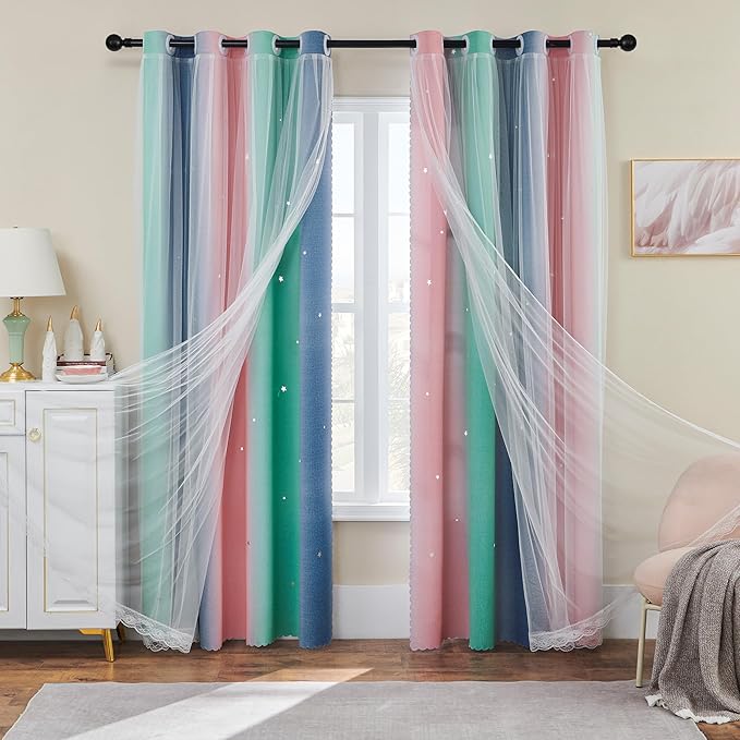 XiDi Pink Green Grey Kids Room Curtains, 34"W x 72"L, Blackout, Modern, Striped, 1 Panel