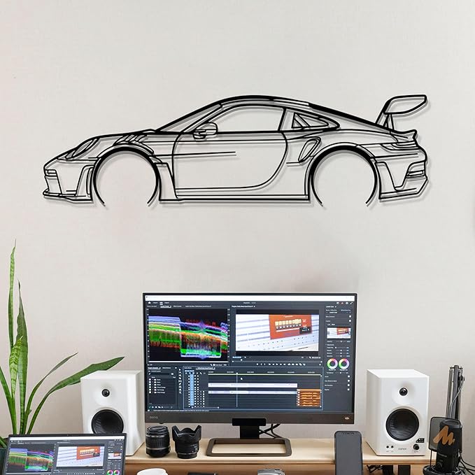 Dekory Car Wall Art – 911 GT3 RS (992) Black Metal Sports Car Silhouette, Modern Industrial Automotive Wall Decor for Garage, Living Room or Bedroom – 24 Inch (S)