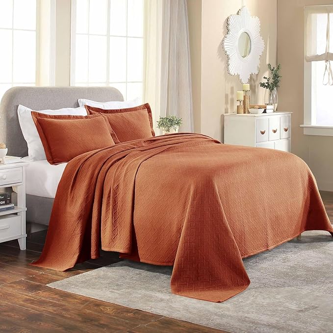 Superior 100% Cotton Basket Weave Bedspread with Shams, All-Season Premium Cotton Matelasse Jacquard Bedding, Quilted-Look Geometric Basket, Twin, Mandarin