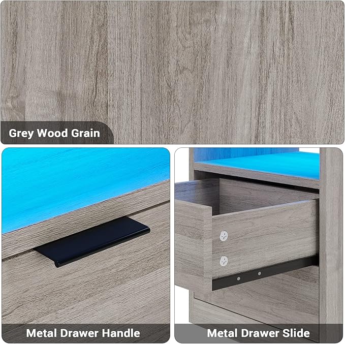 Tiptiper LED Nightstand Set of 2, Gray Nightstand with Wireless Charging Station, Night Stand with Drawers & Pull-Out Shelf, Modern Bedside Table with Storage, End Side Table
