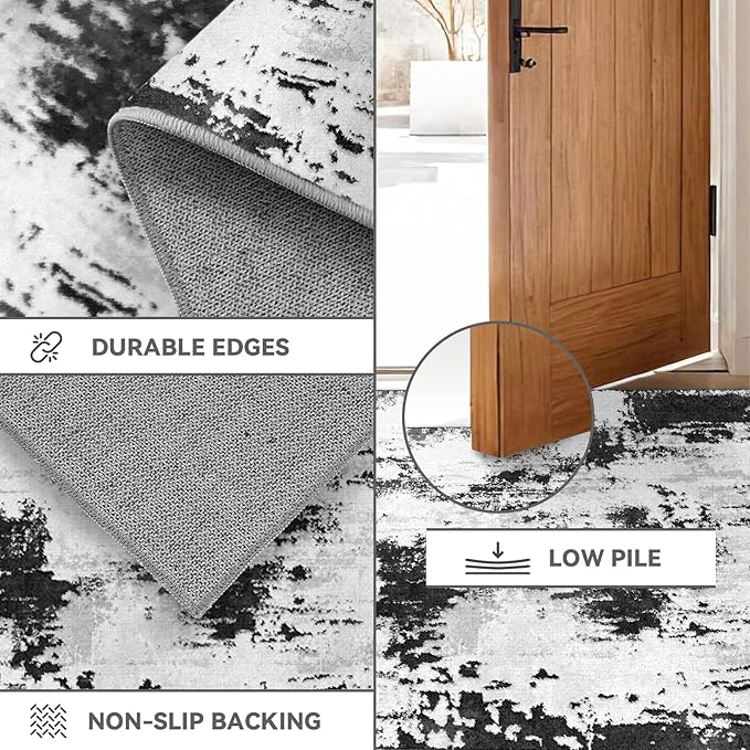 Area Rugs 8x10, Modern Abstract Machine Washable Rugs for Living Room Thin Carpet Indoor Floor Non-Shedding Carpets for Bedroom Dining Room Farmhouse Home Office | Black White