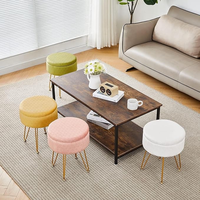 Cpintltr Modern Velvet Foot Rest Stool Upholstered Round Storage Ottomans Multipurpose Dressing Stools Luxury Home Decor Ottoman Coffee Table Top Cover Footstool with Metal Legs for Couch Light Grey