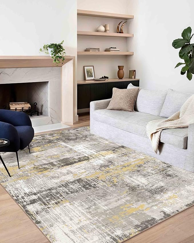 8x10 Area Rugs for Living Room, Non-Slip Backing Washable Rug 8x10, Large Area Rug Soft Carpet for Bedroom Dining Room, Modern, Easy Clean, Durable, Low Pile Rug Under Table, Yellow