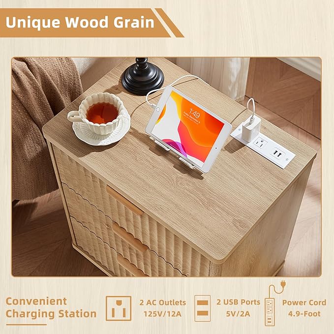 LEYAOYAO 48" Wide Fluted Dresser and 3 Drawers 23" Nightstand Set of 2, Wooden Dresser & Night Stand with Charging Station, 3 Piece Bedroom Furniture Set, Wood Chest of Drawer for Living Room,Natural