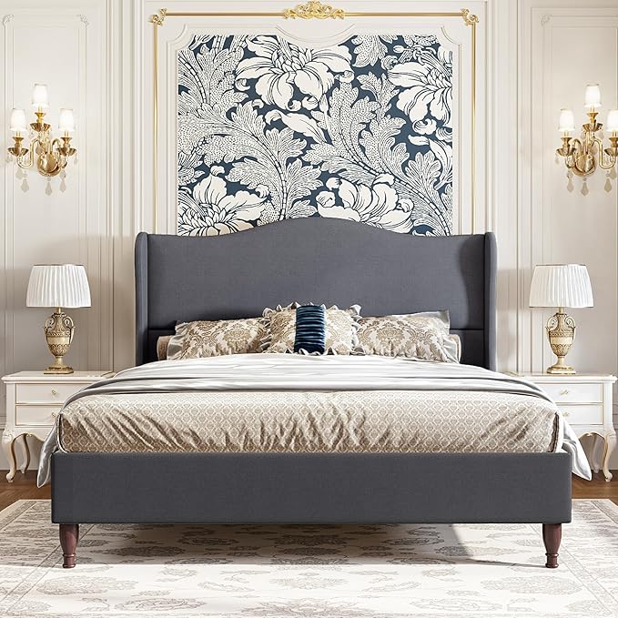 koorlian Full Upholstered Bed, Soft Chenille Sleigh Platform Bed Frame with Wingback Tall Headboard, Retro Minimalist/No Box Spring Required/Easy Assembly, Grey