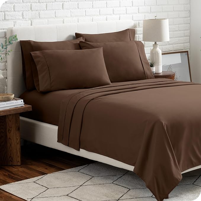 Bare Home Hotel Luxury Queen Sheet Set, Extra Soft - 6 Piece Set - Deep Pockets - Easy Fit - Cooling & Breathable - Wrinkle, Fade, Stain Resistant - Includes 4 Pillowcases (Queen, Cocoa)