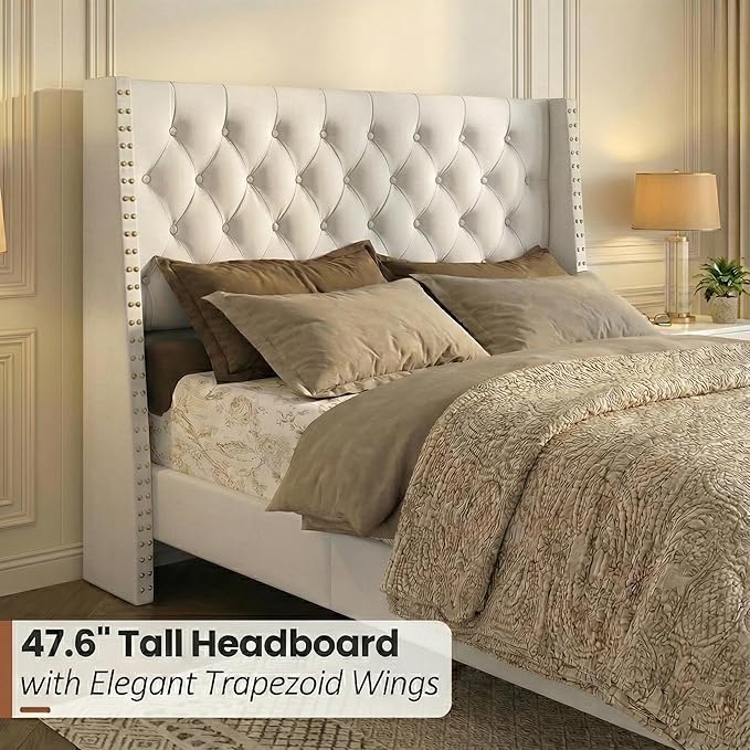 Queen Bed Frame White Velvet, 47.2" Tall Wingback Headboard with Gold Nailhead Trim, Upholstered Platform Bed with Diamond Tufting, 1000lbs Heavy Duty Support, No Box Spring Needed