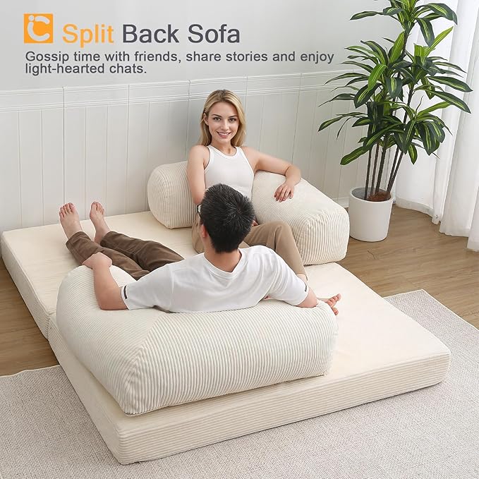 COMAX 4‑in‑1 Futon Sofa Bed Queen – Floor Foldable Convertible Sofa Couch with L‑Shaped Armrests, Removable Cover, Convertible Guest Bed | Space‑Saving Fold‑Out Mattress Lounge for Living Room, Beige