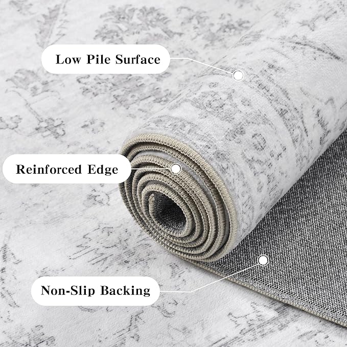 6x9 Vintage Washable Area Rugs Boho Medallion Large Distressed Retro Accent Carpet Floral Non-Slip Soft Low Pile Indoor Throw Rug for Living Room Bedroom Dining Room Office Kitchen, Gray