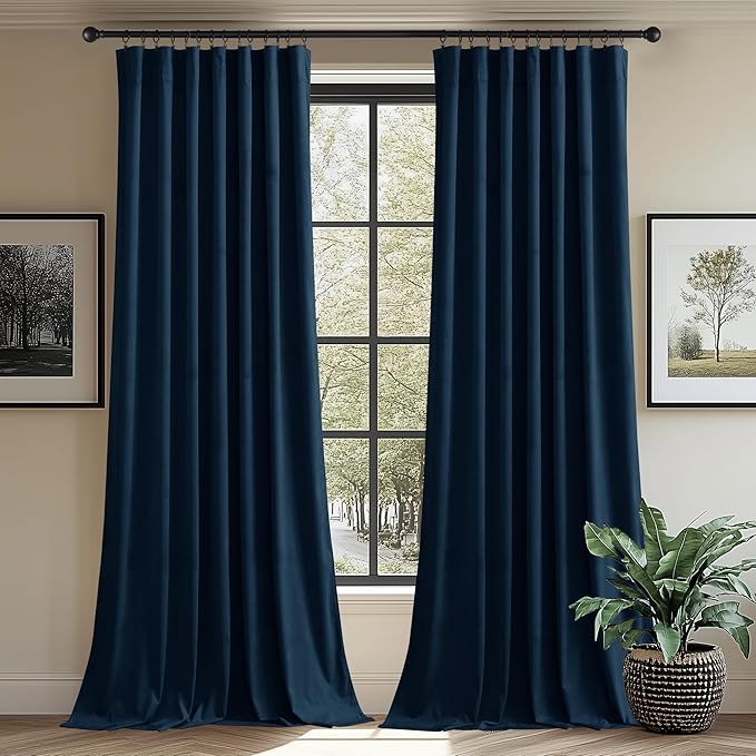 StangH Navy Blue Velvet Blackout Curtains 90 inches, Luxury Rod Pocket Window Drapes Thermal Insulated Noise Reducing Panels for Studio/Theater/Office/Bedroom, W62 x L90, 2 Panels