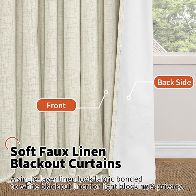 100% Blackout Curtains for Living Room 90 Inches Long 2 Panels, Faux Linen Textured Linen Floor Length Thermal Insulated Bronze Grommet Boho Window Energy Save Drapes, Each 52" Wide, Natural