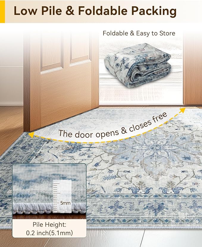 Area Rugs 6ft Washable Non-Slip, Floral Vintage Distress Print Pattern Medallion Carpet for Living Room Bedroom Dining Room, Light Blue Navy Beige Gray White