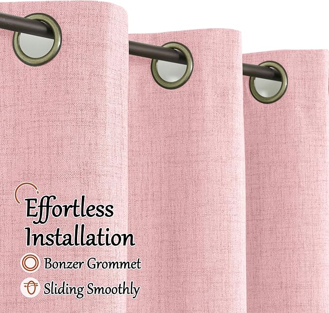 Baby Pink Linen Blackout Curtains for Nursery 45 Inch Length 2 Panels, Short Thermal Insulated Boho Total Black Out Noise Reducing Small Window Curtains for Girls Bedroom, Each 38 Inch Wide