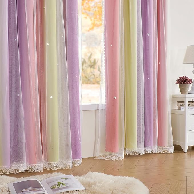 XiDi Pink Curtains for Bedroom Decor Blackout Curtains for Girl Room Rainbow Curtains for Kids Room Unicorn Wall Decals Purple Curtains Yellow 52X72 Inch Long 1 Panel